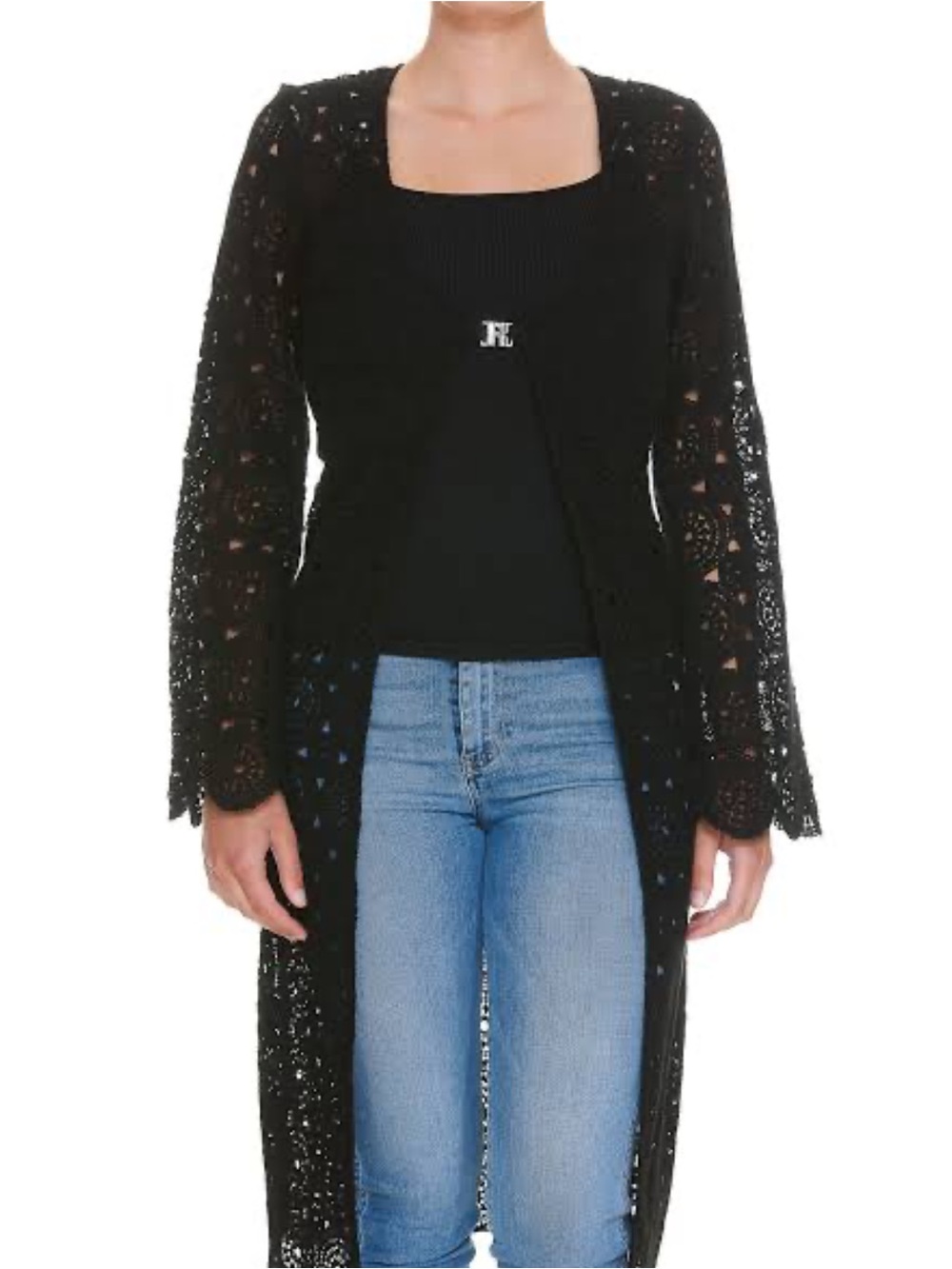 Rotate Birger Christensen Black Crochet Longline Open Cardigan
